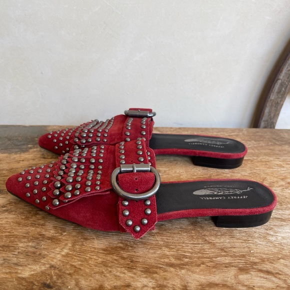 JEFFERY CAMPBELL FREE PEOPLE Shoes Red Studded Fringed Suede Buckle Flats 8.5M - Picture 5 of 12